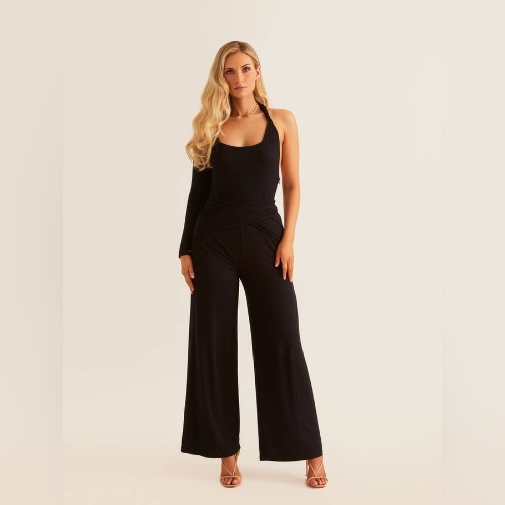 Alana Eve Black One Sleeve Simone Wide Leg Jumpsuit NWT